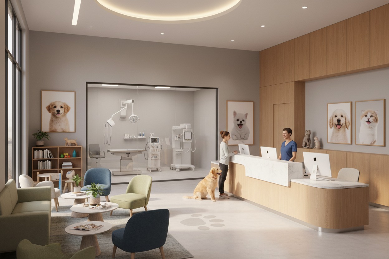 Nowoczesna recepcja kliniki weterynaryjnej z poczekalnią, w której właścicielka z psem rozmawia z pracownikiem przy ladzie.
